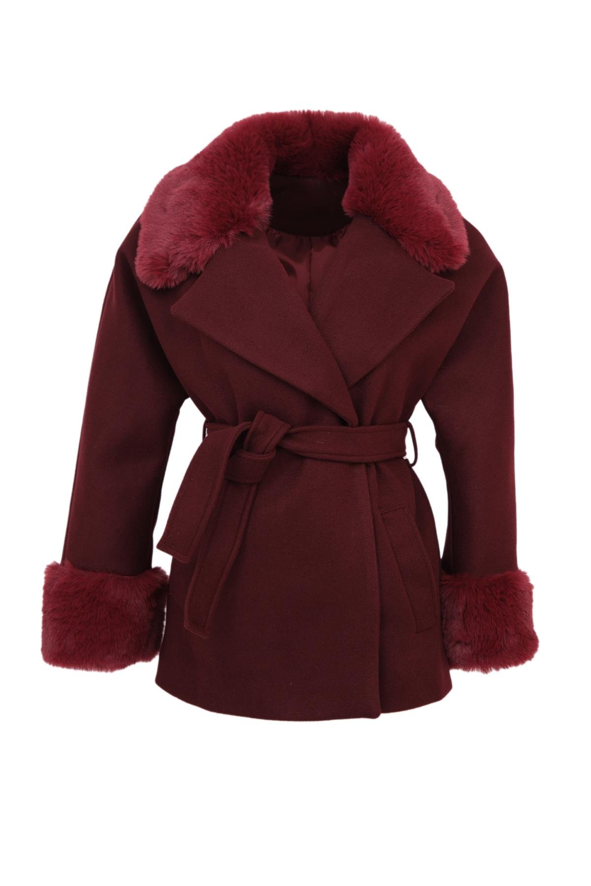 STELLA Yakası Kürklü Kaban - Bordo