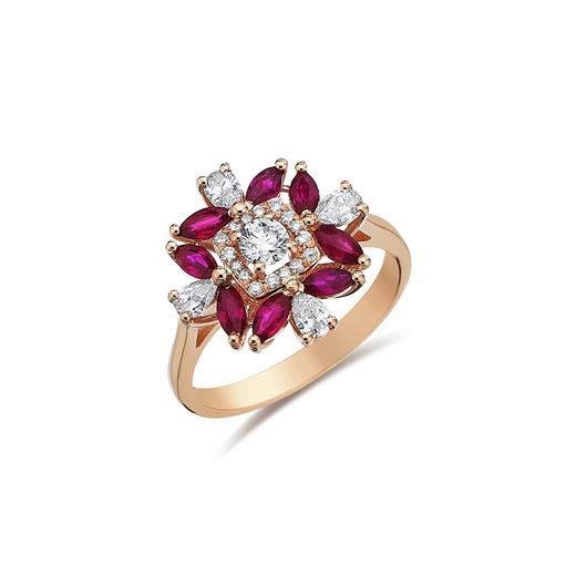 14 Ayar 0.64 Karat Yakut Taşlı Çiçek Pırlanta Yüzük