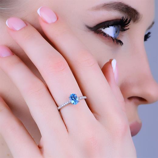 Odda75 14 Ayar Altın Pırlanta Mavi Topaz Yüzük