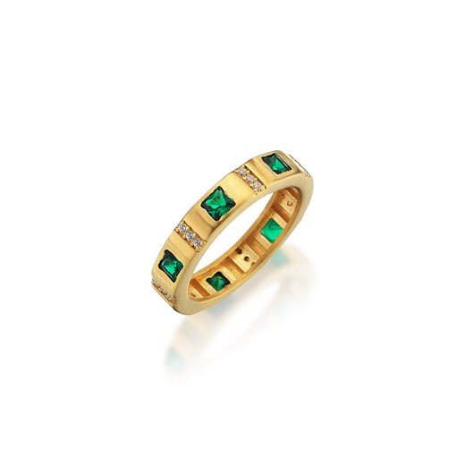 Odda75 Altın Kaplama 925 Ayar Gümüş Karo Yüzük Koyu Yeşil