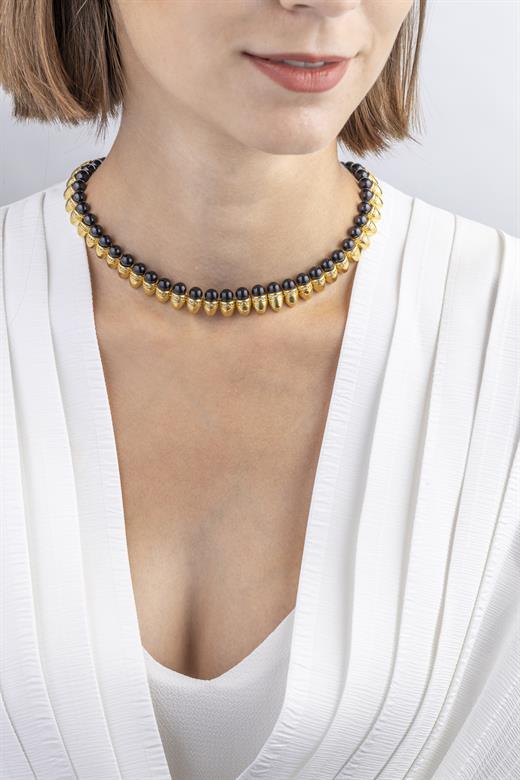 Odda75 Altın Kaplama Diana Siyah İnci Kolye