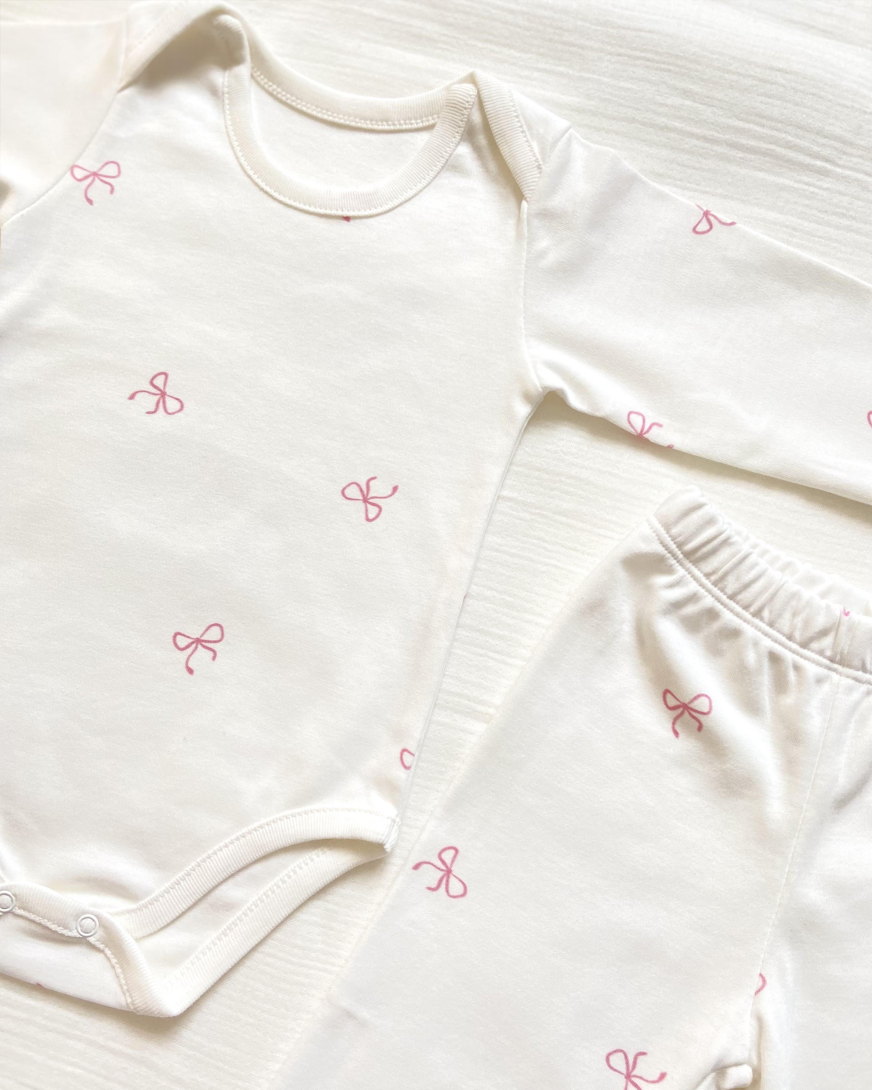 Pink Bows %100 Pamuk Organik Baskı Body Pantolon Takım