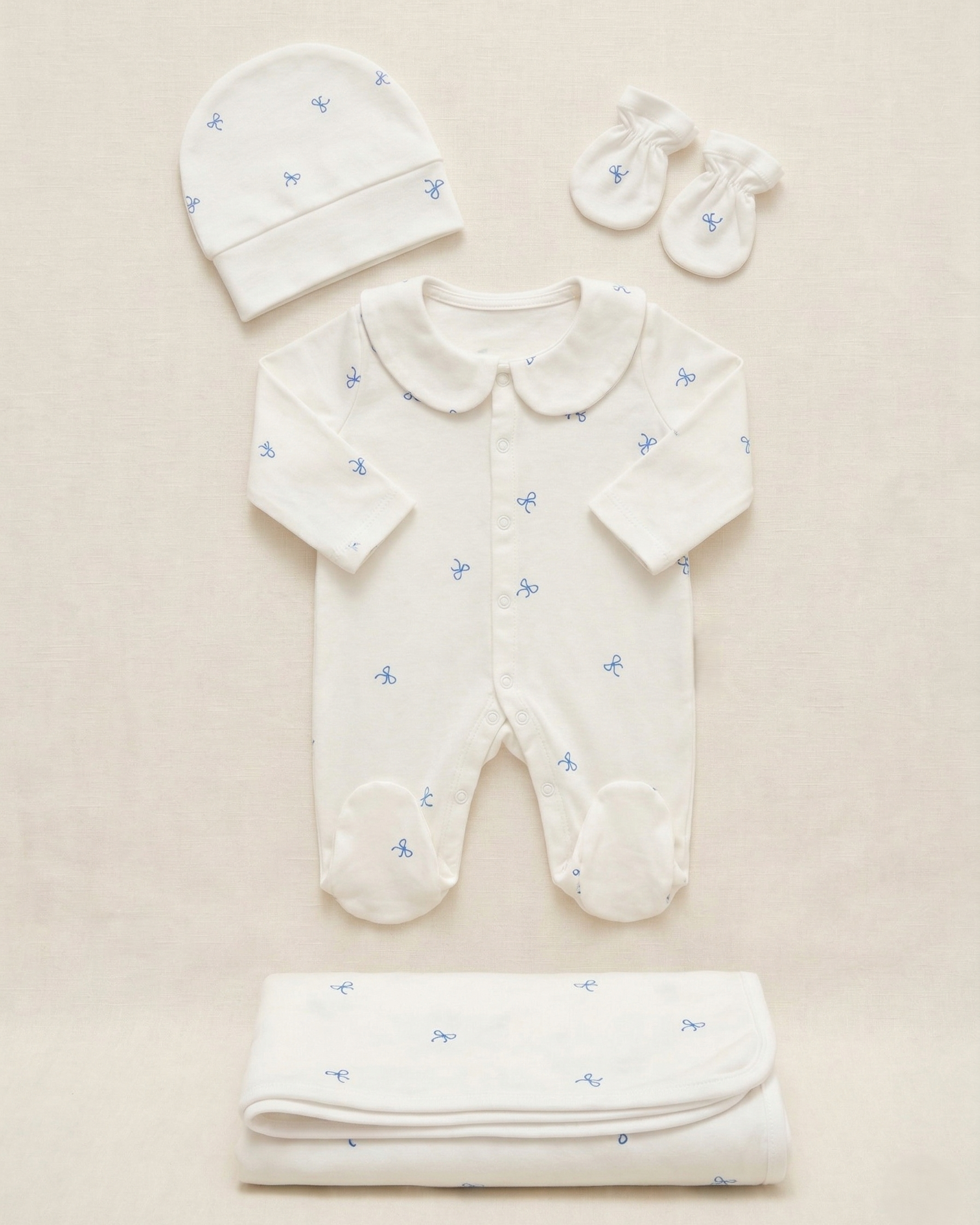 Blue Bows 4 Parça Hastane Çıkışı Seti %100 Pamuk