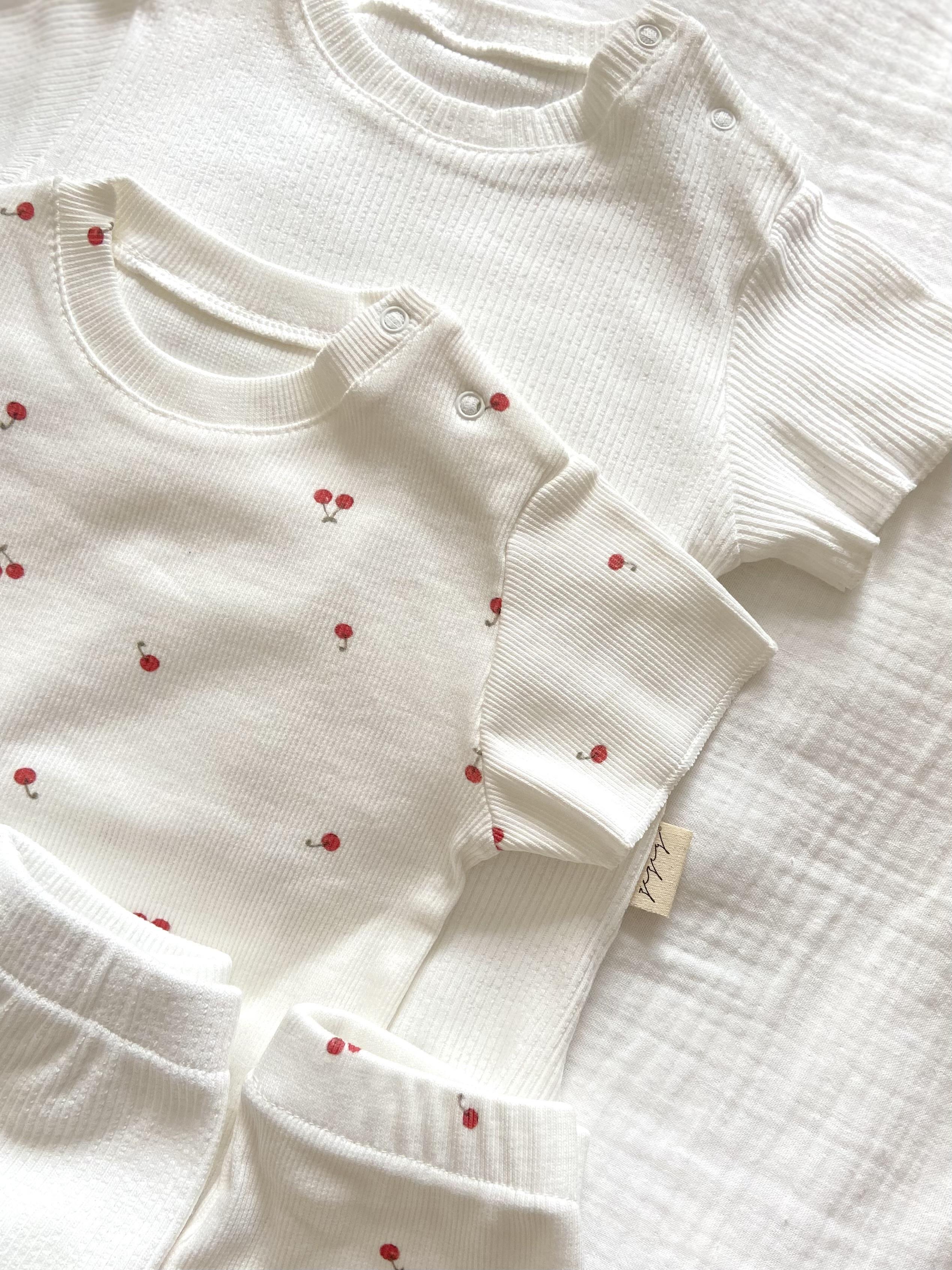 Cherry Pattern and Shiny White Color 2 Piece Camisole Top-Bottom Set 100% Cotton
