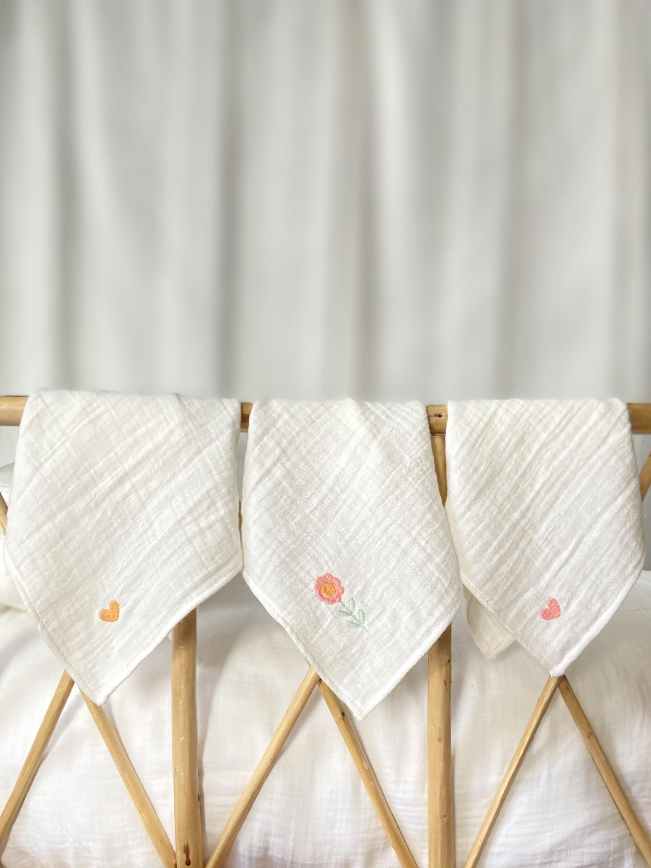 Flower and Heart Embroidered Muslin Handkerchief Set (3 Pieces)