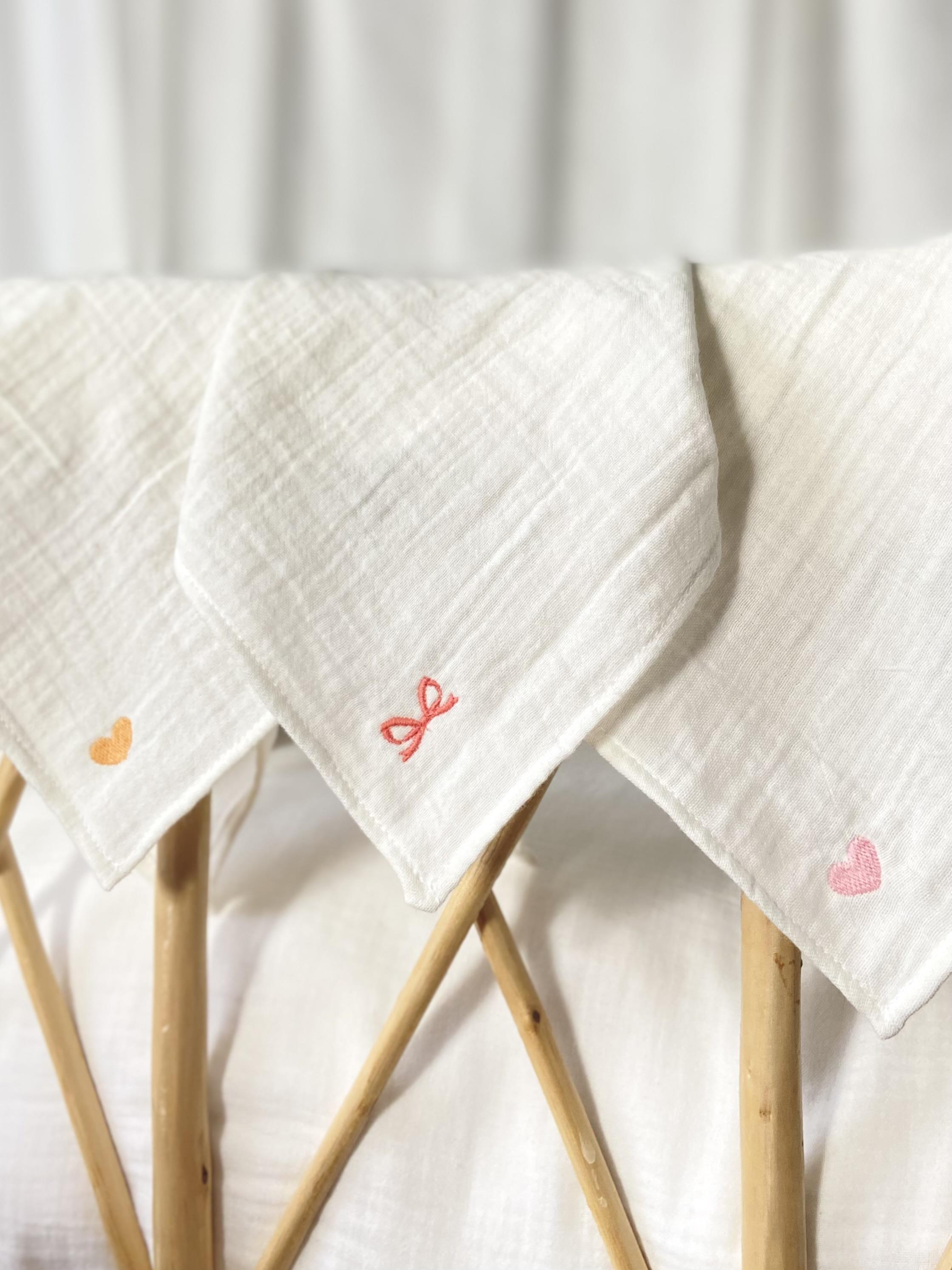 Heart and Bow Embroidered Muslin Handkerchief Set (3 Pieces)