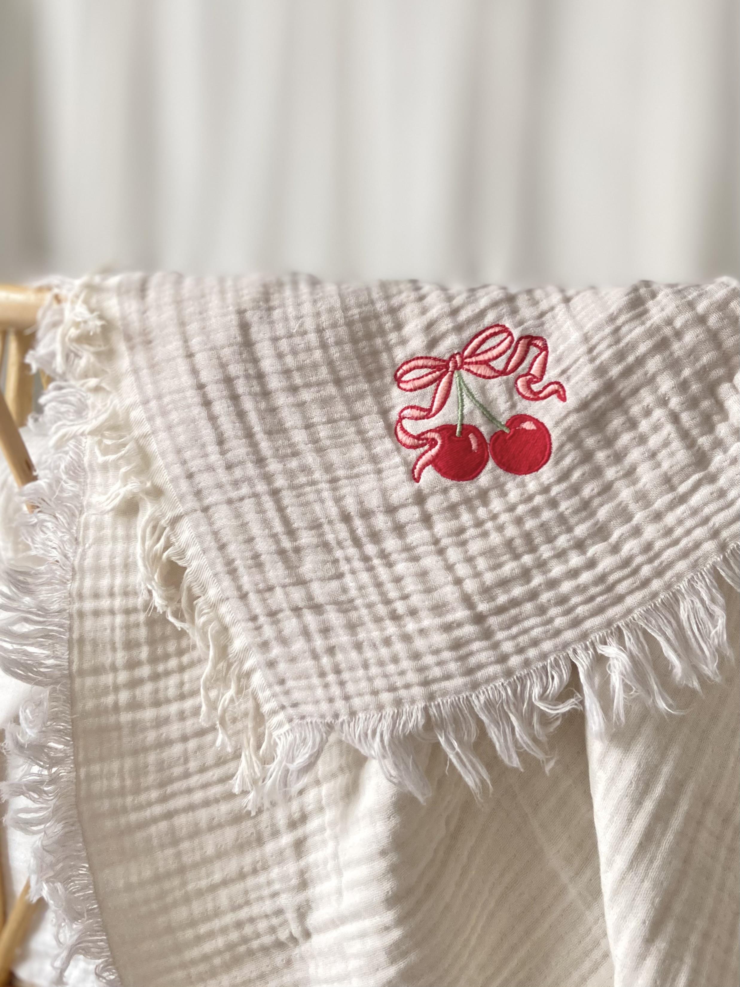 Cherry Embroidered 4-Ply Double-Sided Muslin Blanket 90 x 1.15