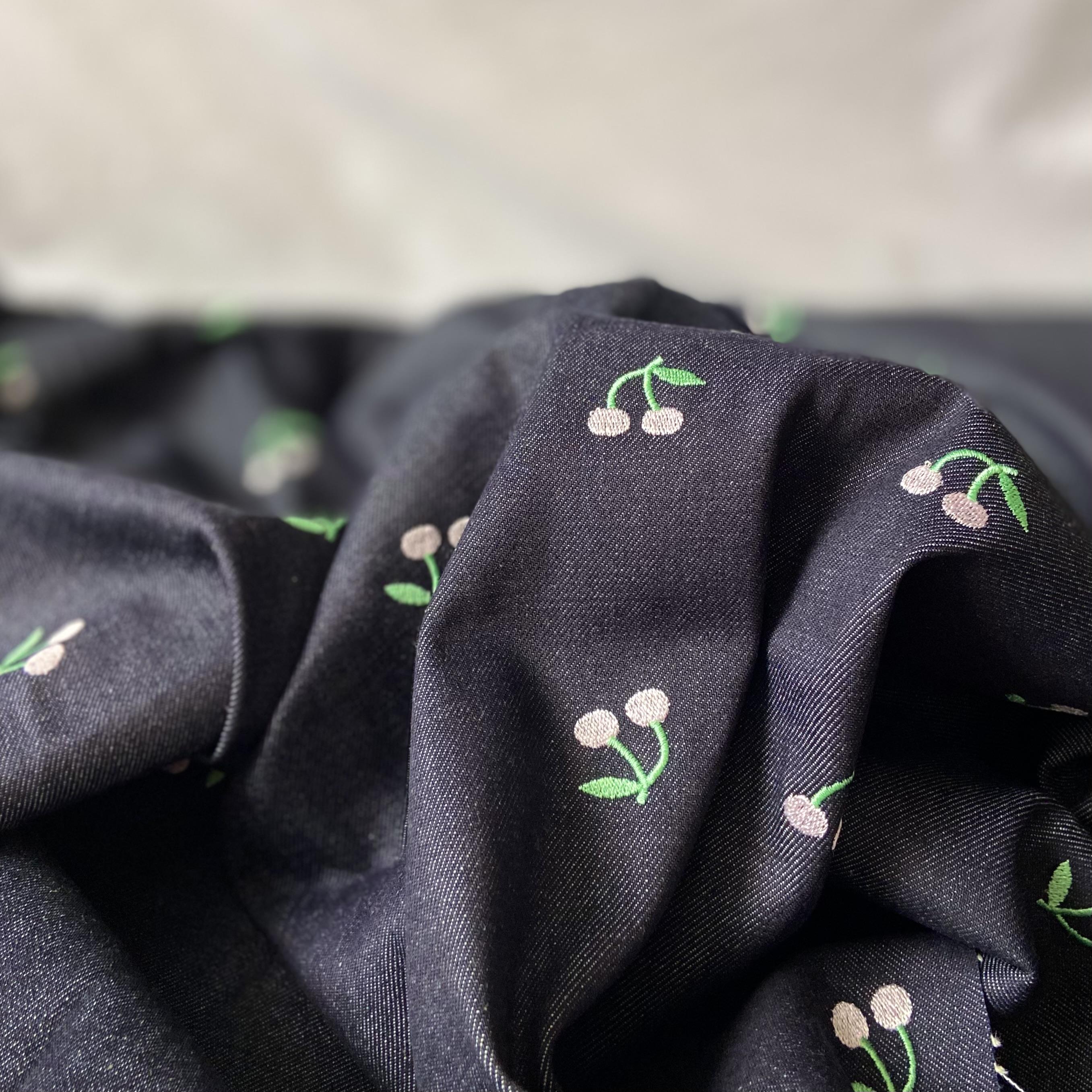 Cherry Embroidered Denim Fabric