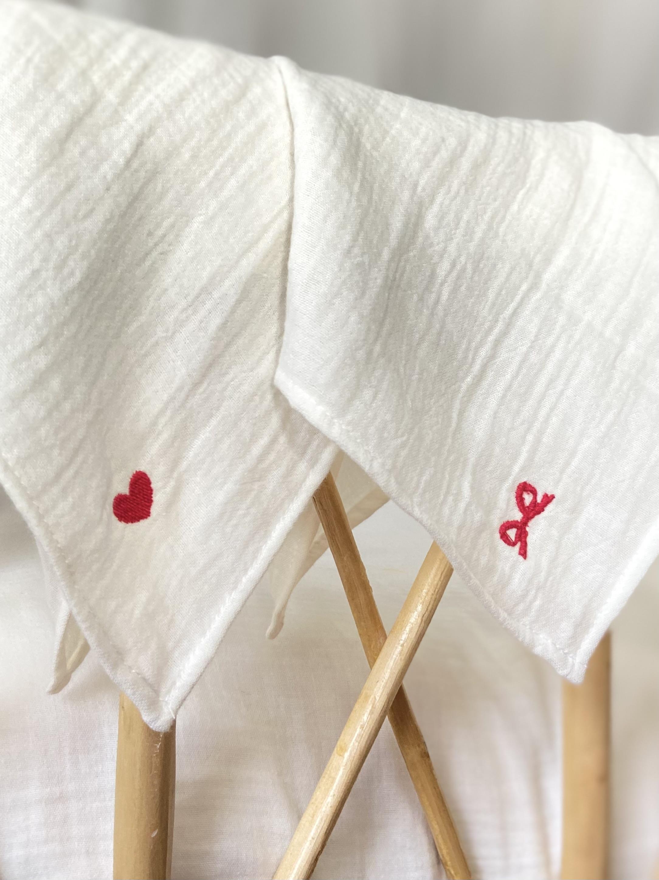 Red Heart and Bow Embroidered Muslin Handkerchief Set (3 Pieces)