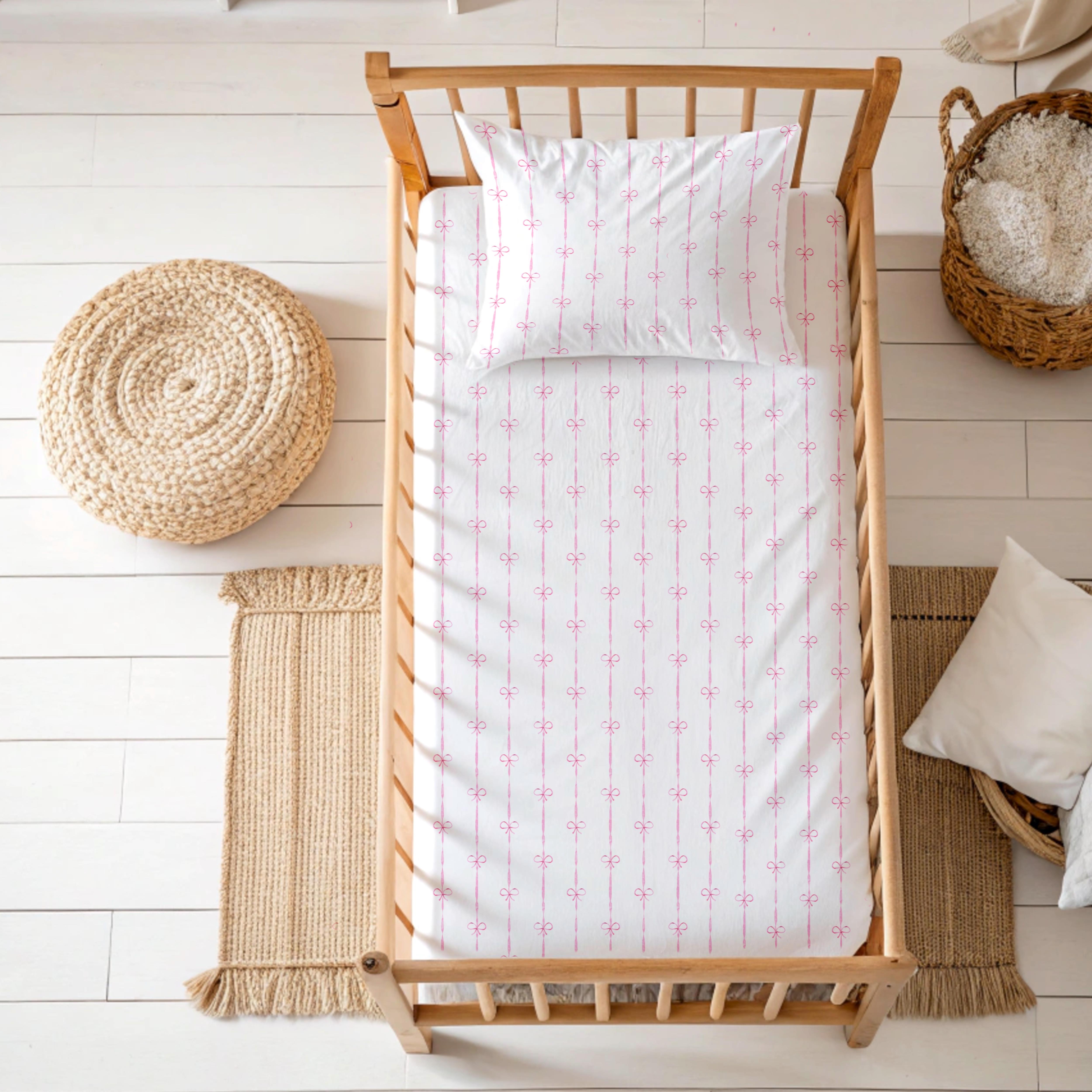 Pink Bow Baby Pillowcase and Sheet Set