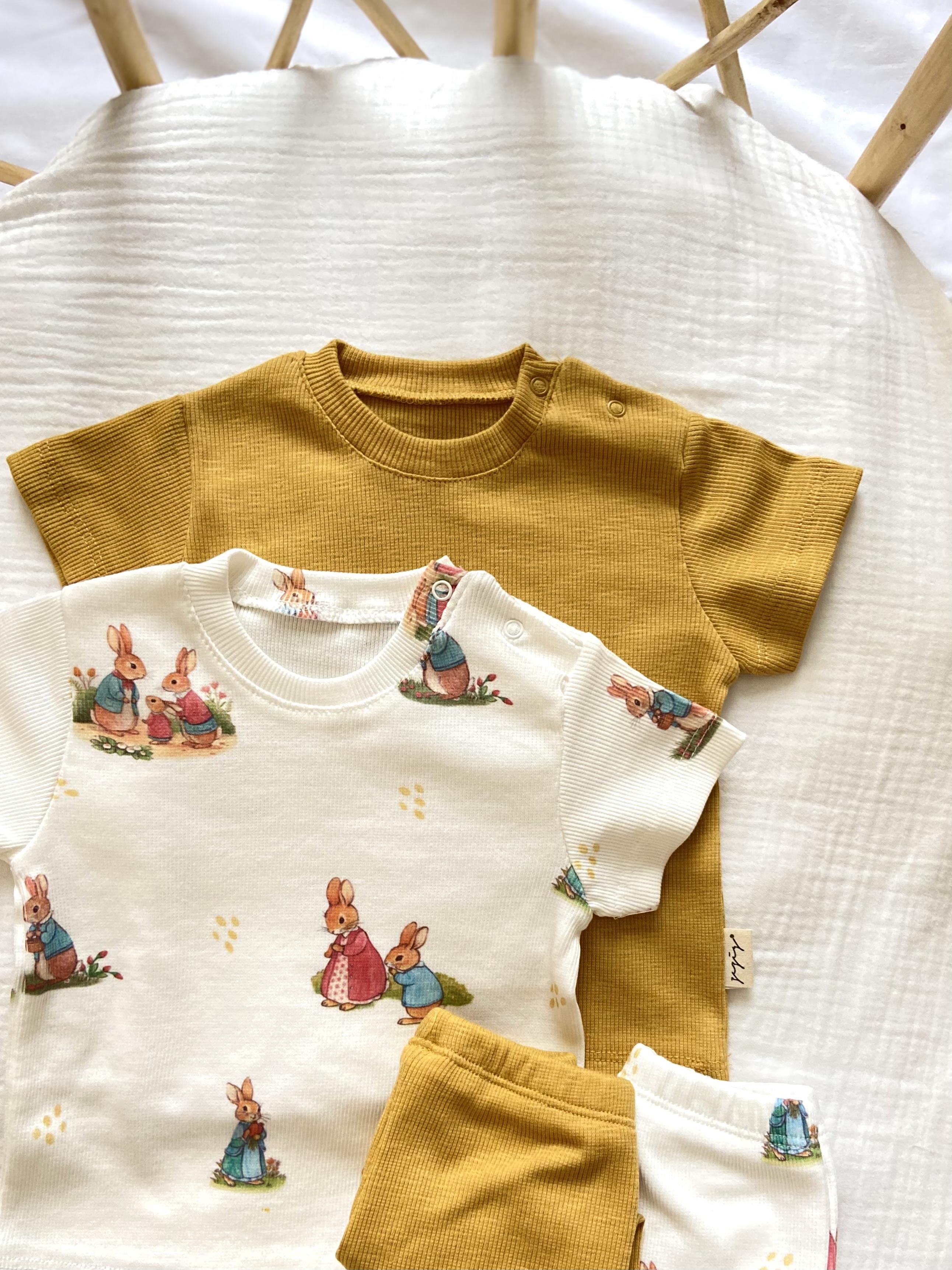Rabbit Family Pattern and Mustard Color 2 Piece Camisole Top and Bottom Set 100% Cotton
