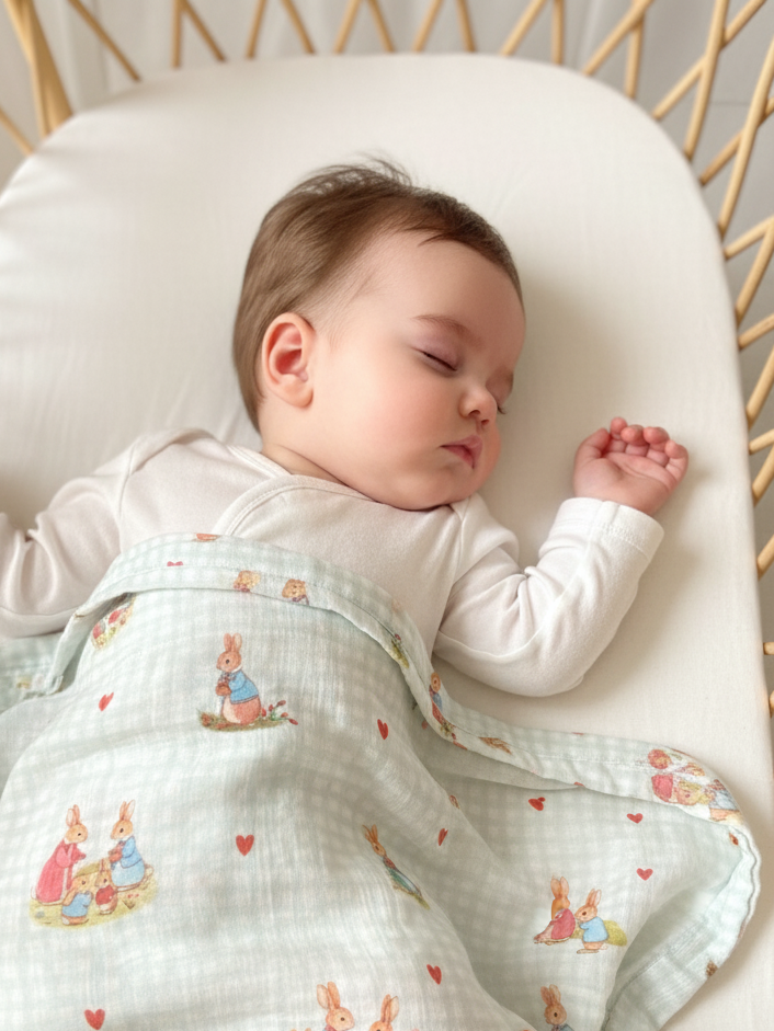 Rabbit Family Plaid Muslin Blanket