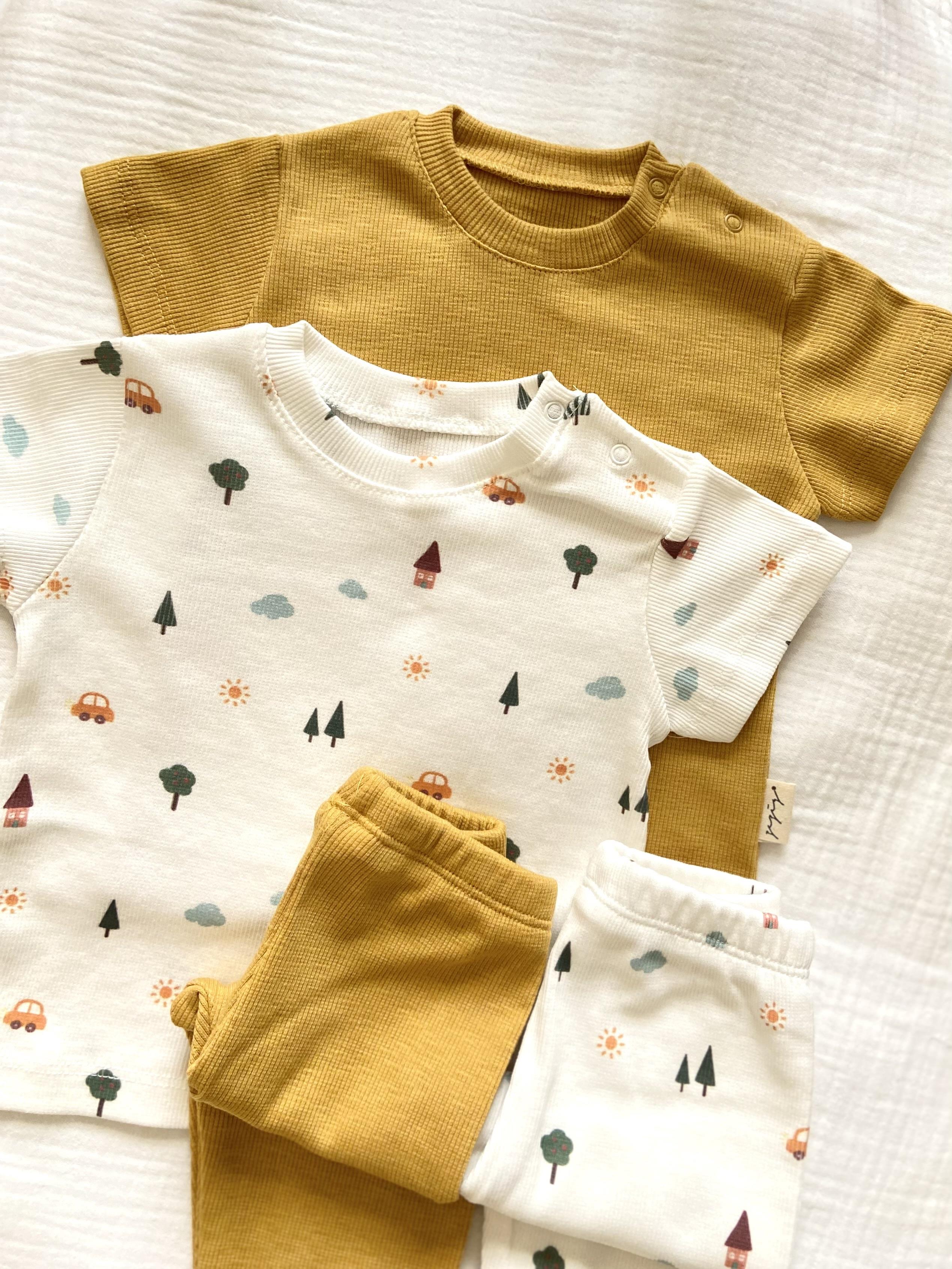 Town Pattern and Mustard Color 2 Piece Camisole Top and Bottom Set 100% Cotton