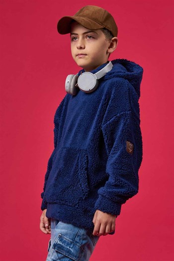 Lacivert Outdoor Unisex Çocuk Kapüşonlu Peluş Sweatshirt