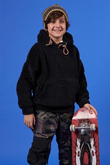 Siyah Outdoor Unisex Çocuk Kapüşonlu Peluş Sweatshirt