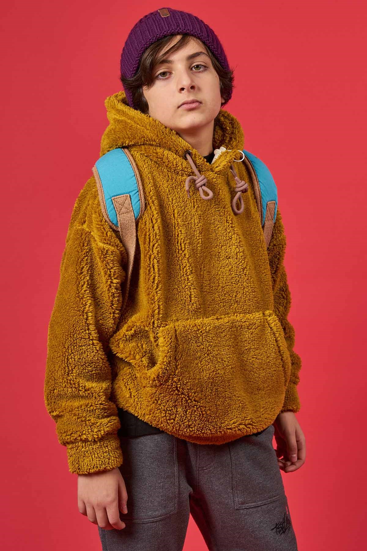 Hardal Outdoor Unisex Çocuk Kapüşonlu Peluş Polar Sweatshirt