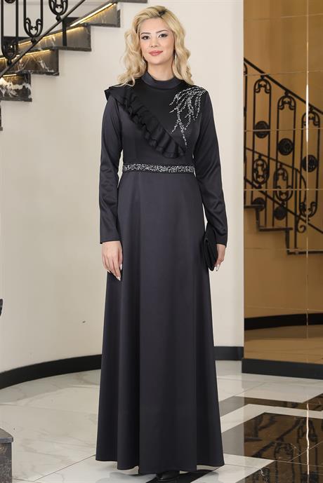 Ada Saten Tesettür Abiye Siyah