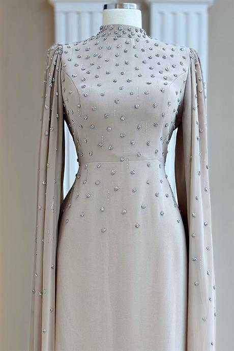 Afra Pelerinli Tesettür Abiye Bej