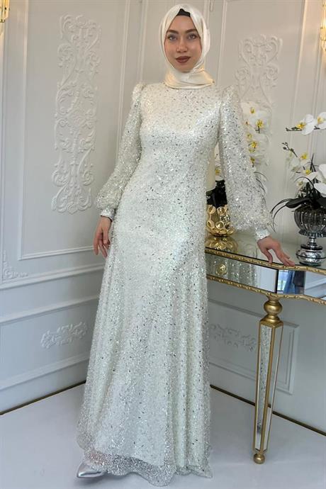 Ahu Tesettür Abiye Ekru