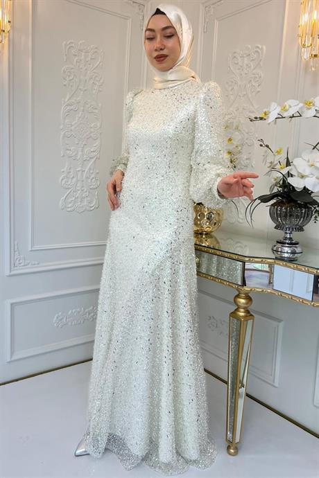 Ahu Tesettür Abiye Ekru