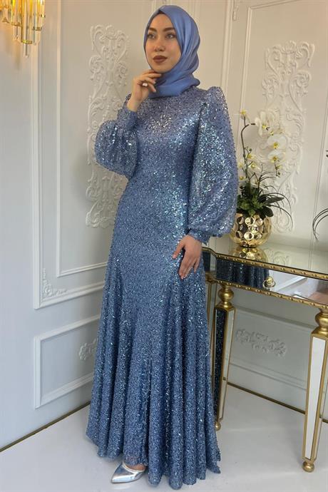 Ahu Tesettür Abiye İndigo