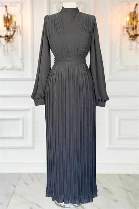 Alina Pliseli Tesettür Abiye Antrasit