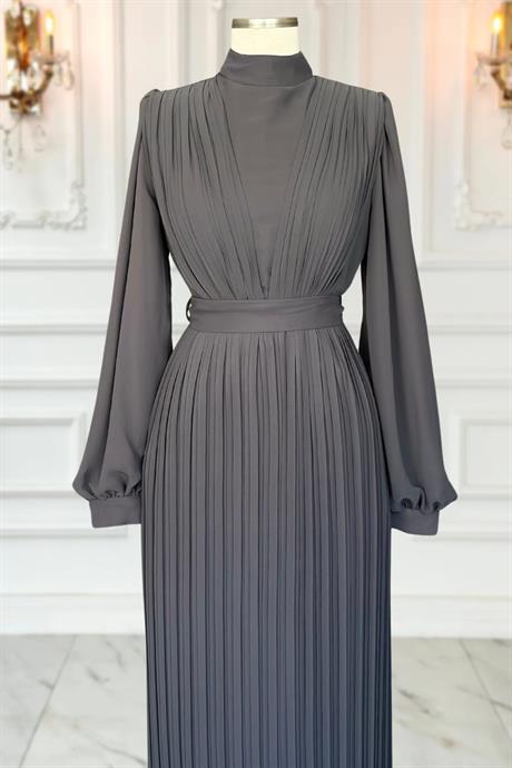 Alina Pliseli Tesettür Abiye Antrasit