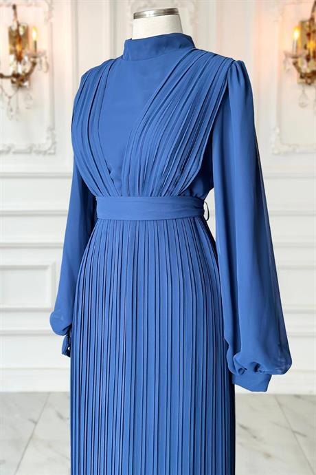 Alina Pliseli Tesettür Abiye İndigo