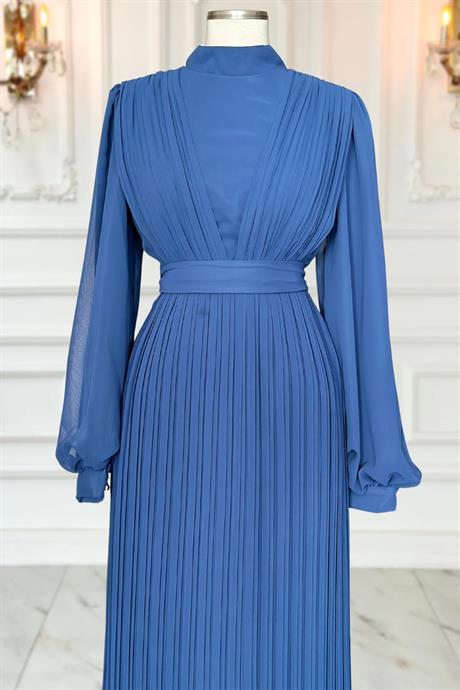 Alina Pliseli Tesettür Abiye İndigo