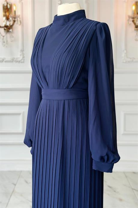 Alina Pliseli Tesettür Abiye Lacivert