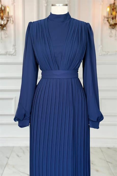 Alina Pliseli Tesettür Abiye Lacivert