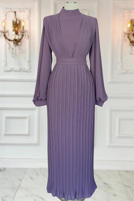 Alina Pliseli Tesettür Abiye Lavanta