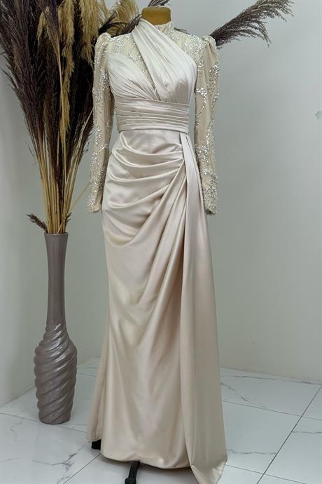 Asude Tesettür Abiye Krem