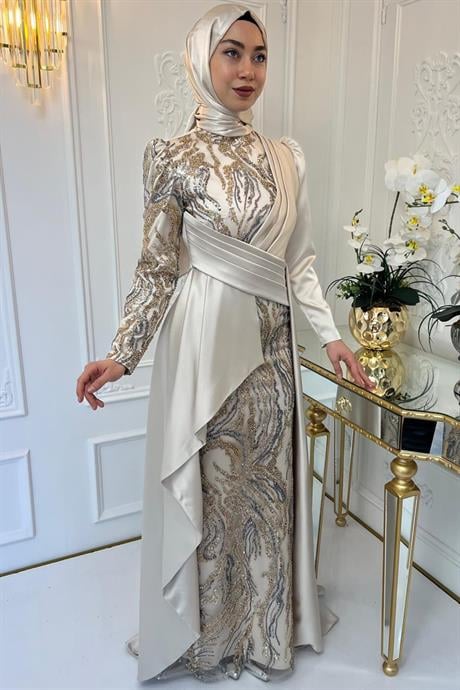 Aybüke Tesettür Abiye Ekru