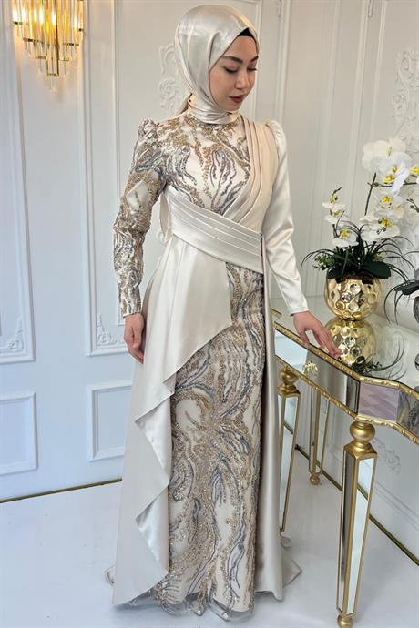 Aybüke Tesettür Abiye Ekru