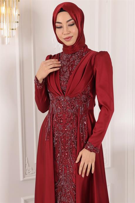 Cemre Tesettür Abiye Bordo
