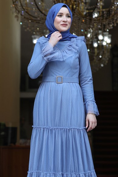 Damla Tesettür Abiye İndigo