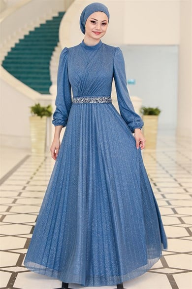 Dila Tesettür Abiye İndigo