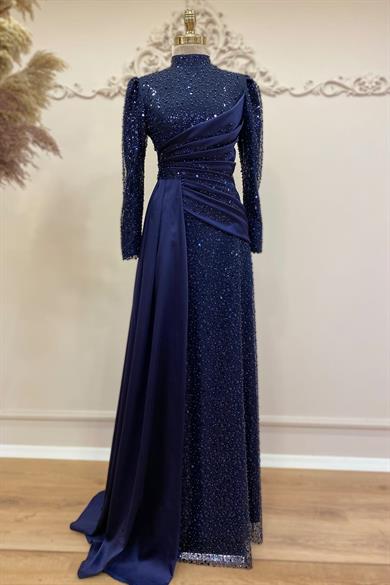 Drapeli Tesettür Abiye Lacivert