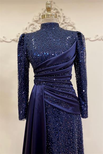 Drapeli Tesettür Abiye Lacivert