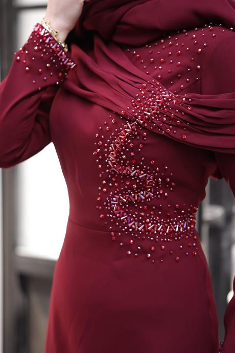 Ebru Tesettür Abiye Bordo