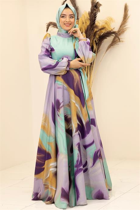 Ebruli Tesettür Elbise Mint