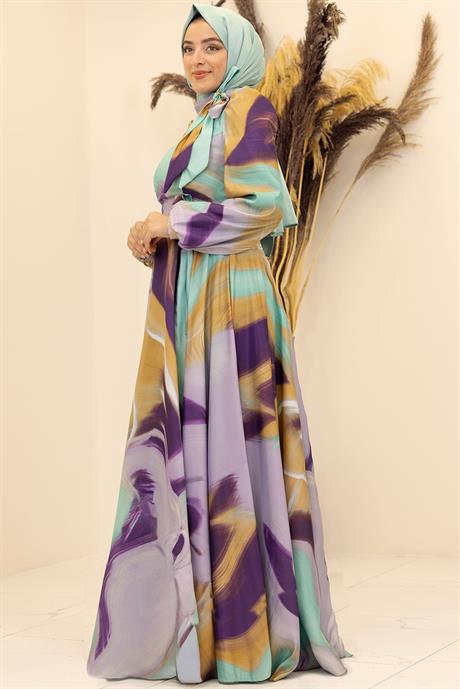 Ebruli Tesettür Elbise Mint