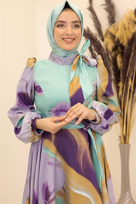 Ebruli Tesettür Elbise Mint