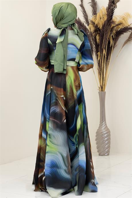 Ebruli Tesettür Elbise Saks