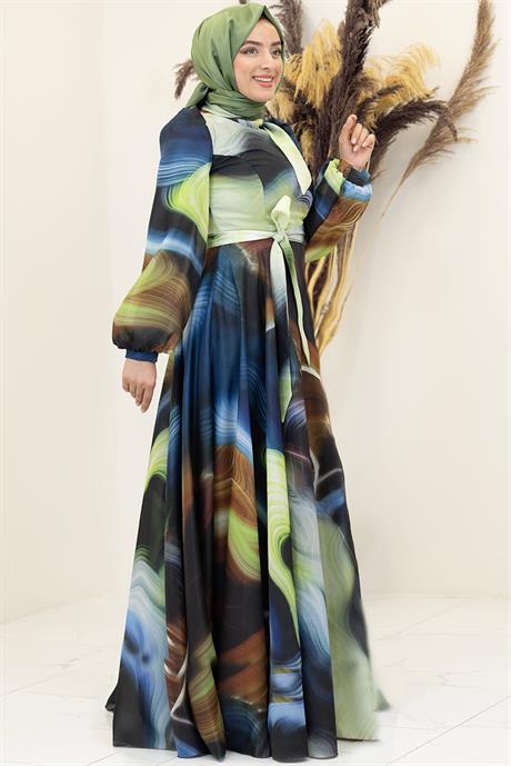 Ebruli Tesettür Elbise Saks