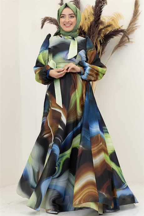 Ebruli Tesettür Elbise Saks