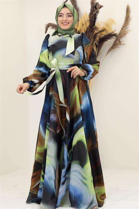 Ebruli Tesettür Elbise Saks