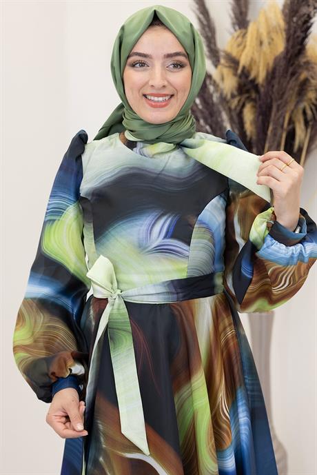 Ebruli Tesettür Elbise Saks