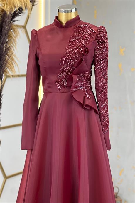 Ela Tesettür Abiye Bordo